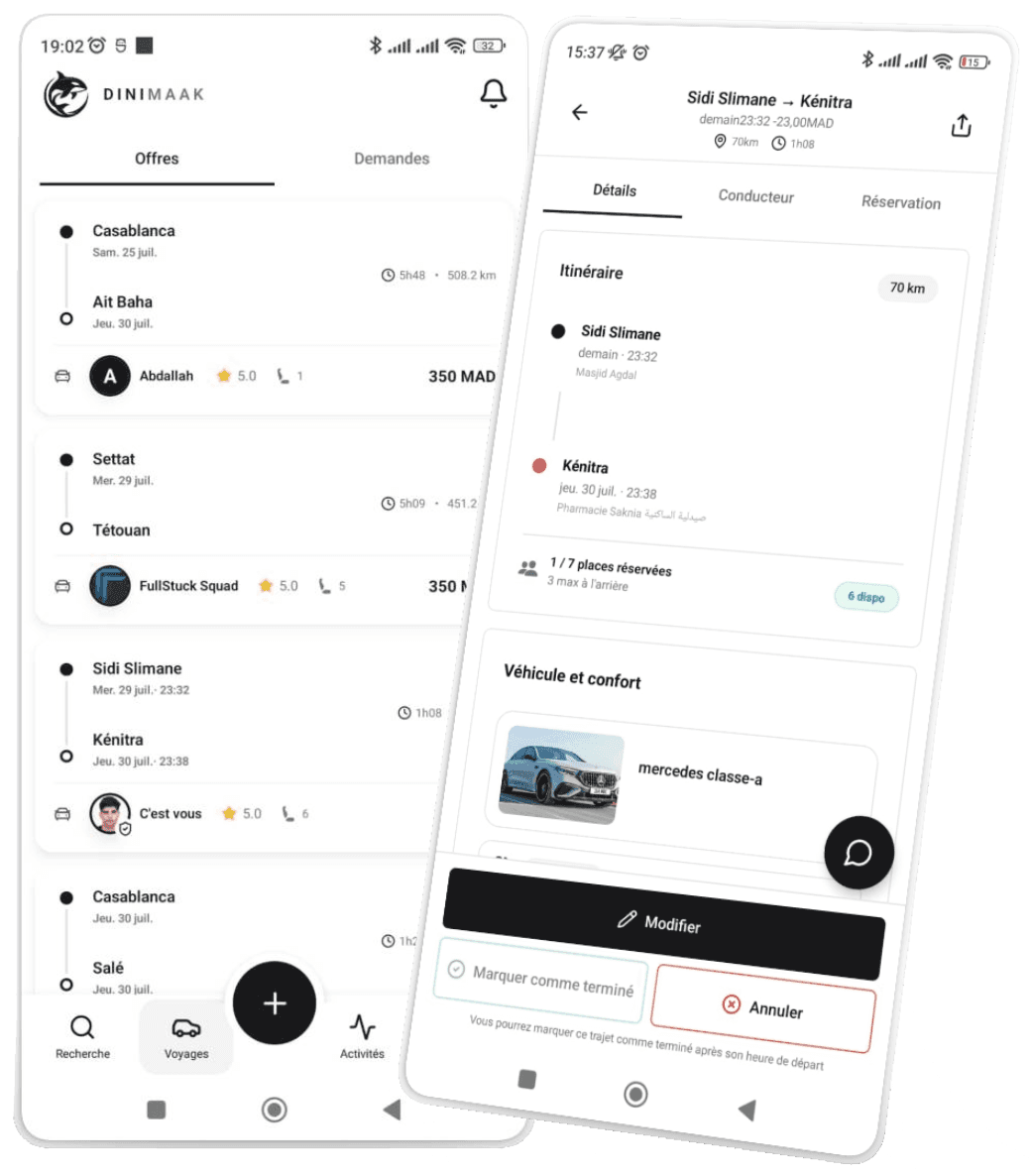 Application mobile DiniMaak pour le covoiturage au Maroc